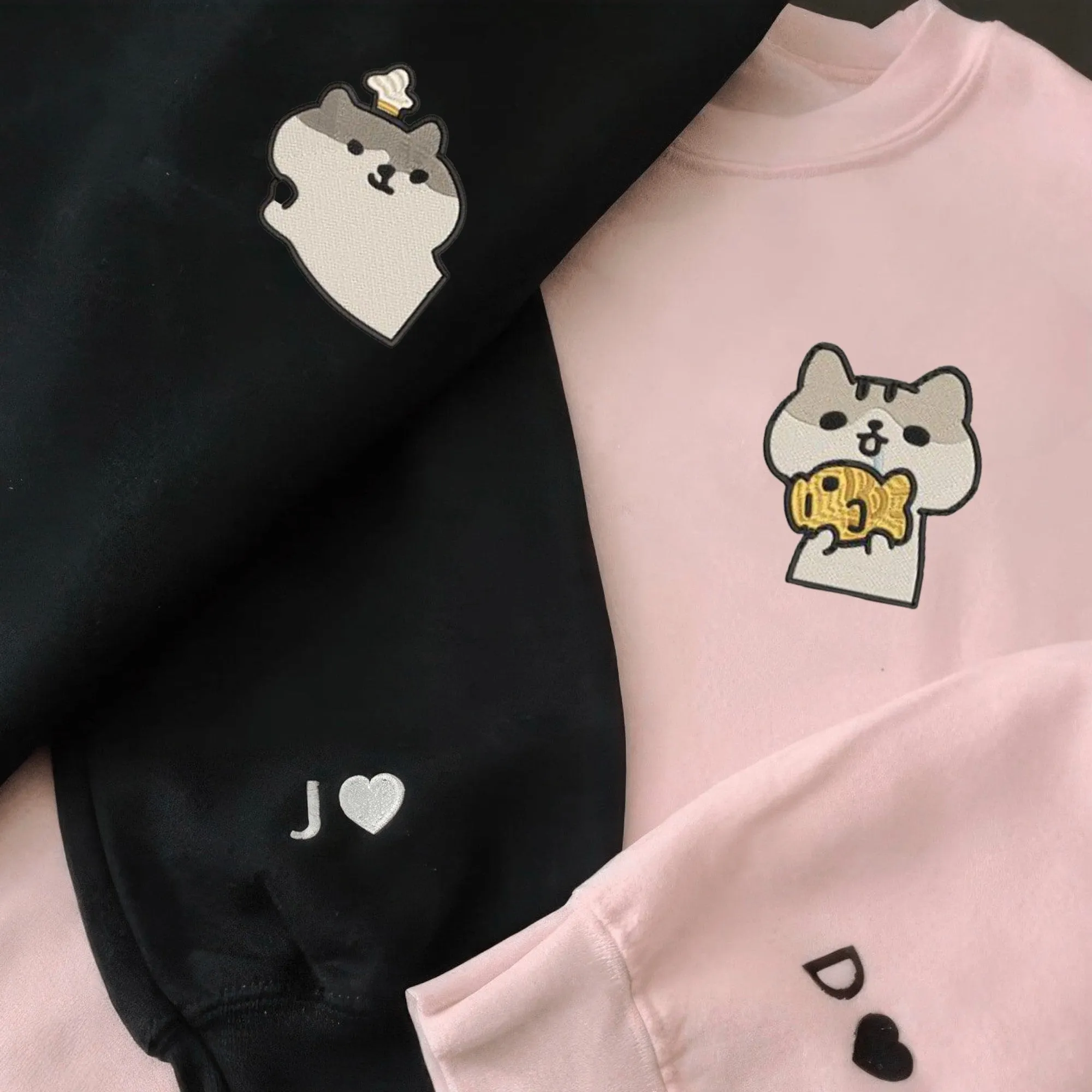 Adorable Cat Couple Custom Embroidered Matching Hoodies - Cute Gift for Couples