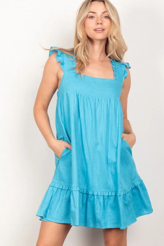 Aqua Ruffled Solid Linen Backless Mini Dress