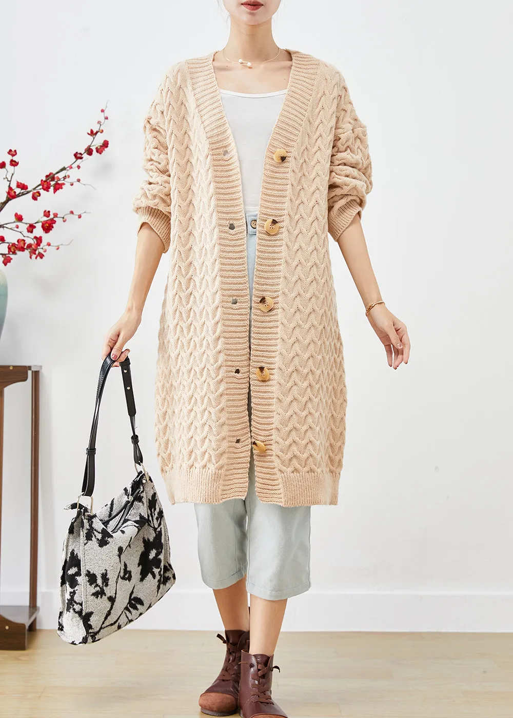 Art Beige Button Down Warm Cable Knit Loose Coat Fall