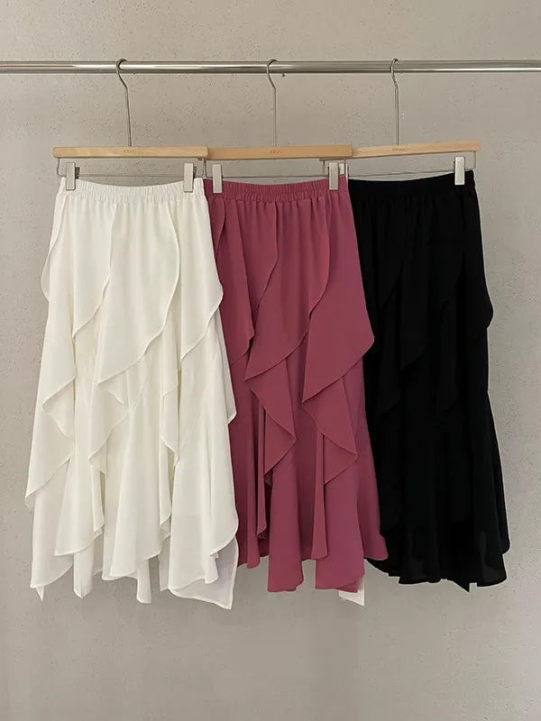 Asymmetric Elasticity Falbala Solid Color Tiered A-line Loose Skirts