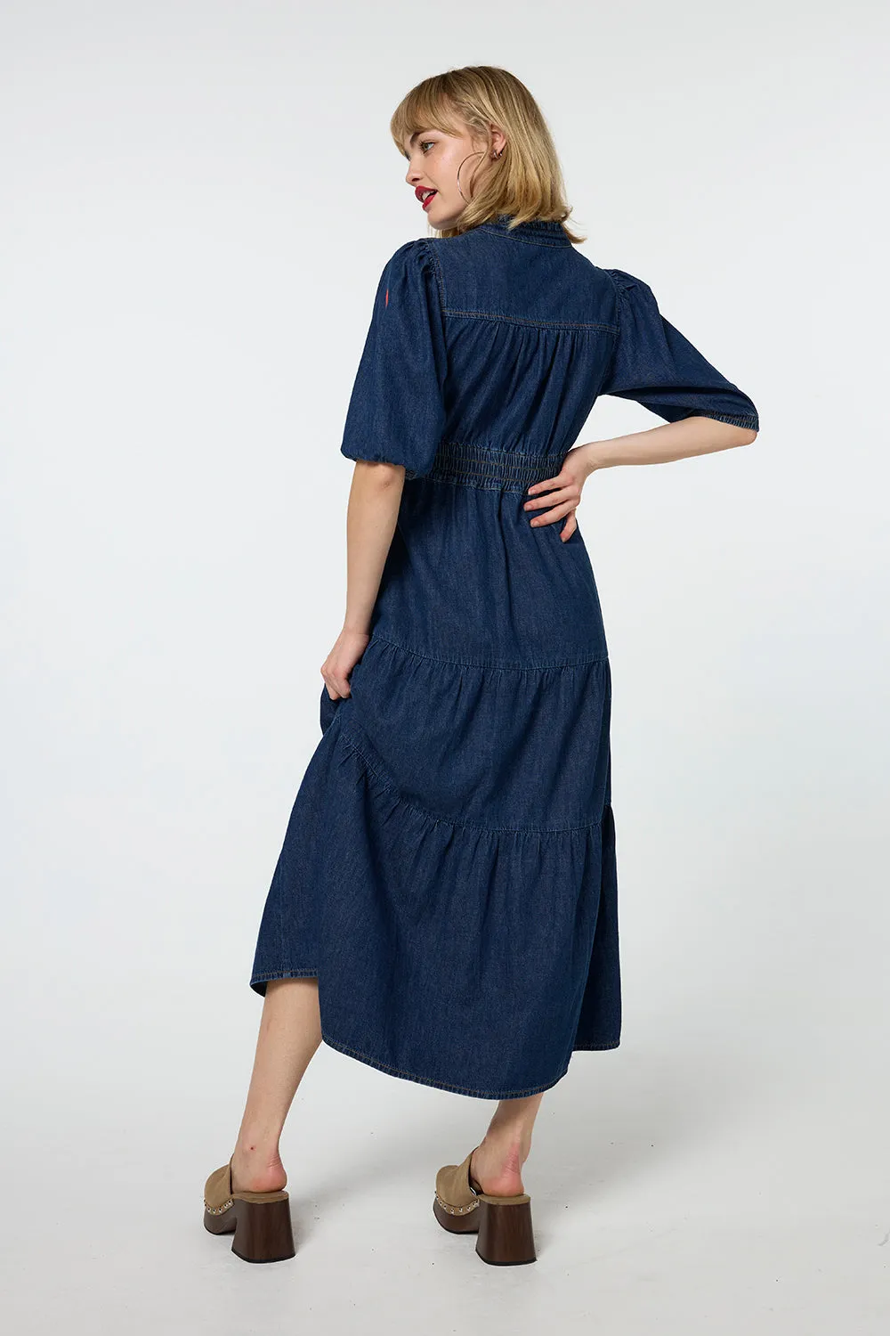 Authentic Indigo Zip Detail Tiered Midi Denim Dress