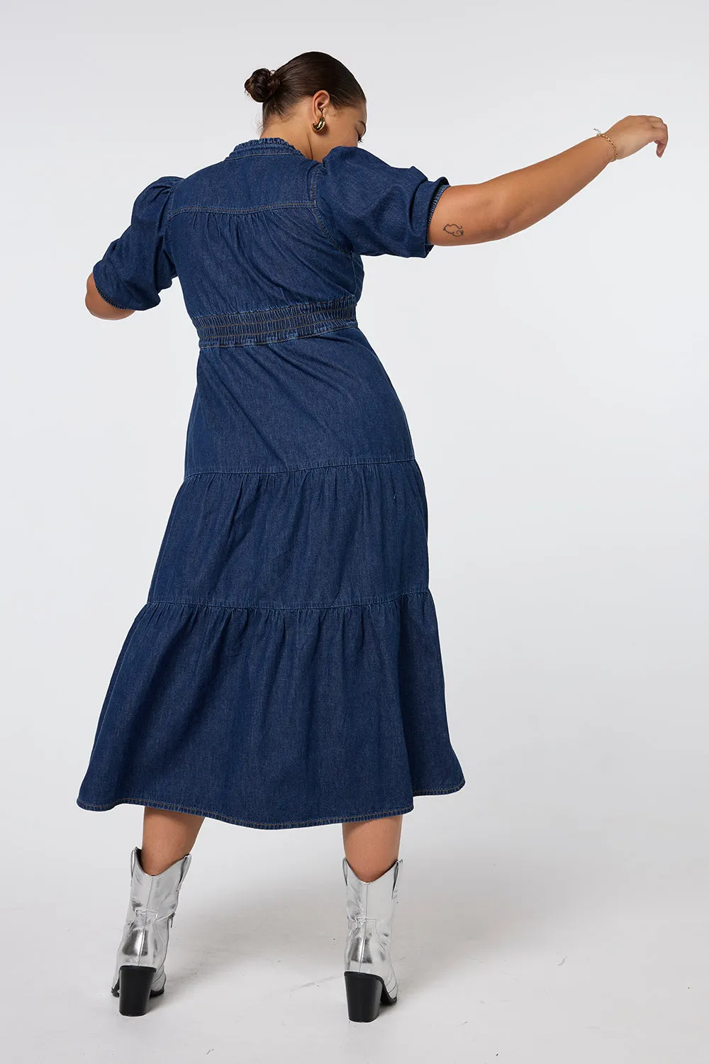 Authentic Indigo Zip Detail Tiered Midi Denim Dress