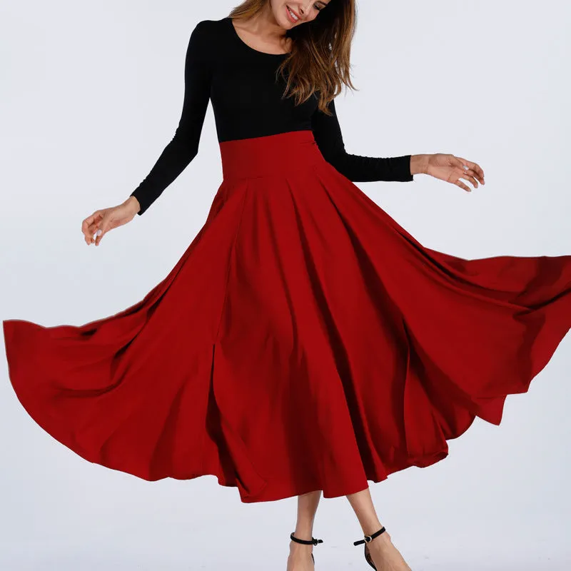 Back Straps Bowknot High Waist Long Swing Skirt with Pockets