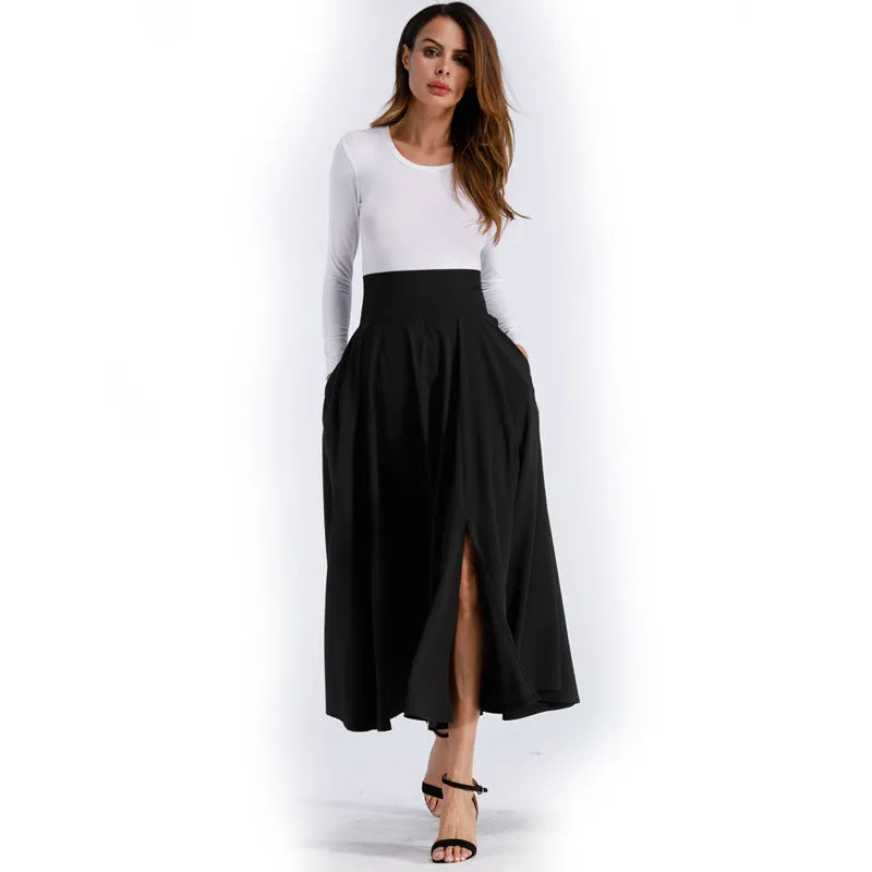 Back Straps Bowknot High Waist Long Swing Skirt with Pockets