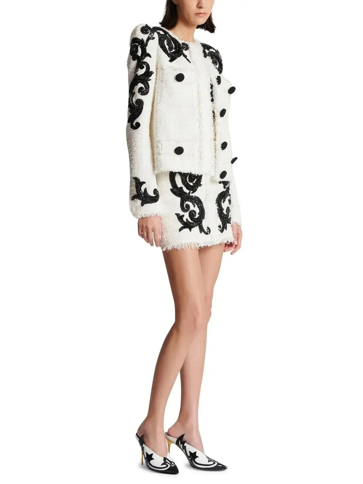 Black and White Paisley Tweed Jacket with Sequin Embroidery