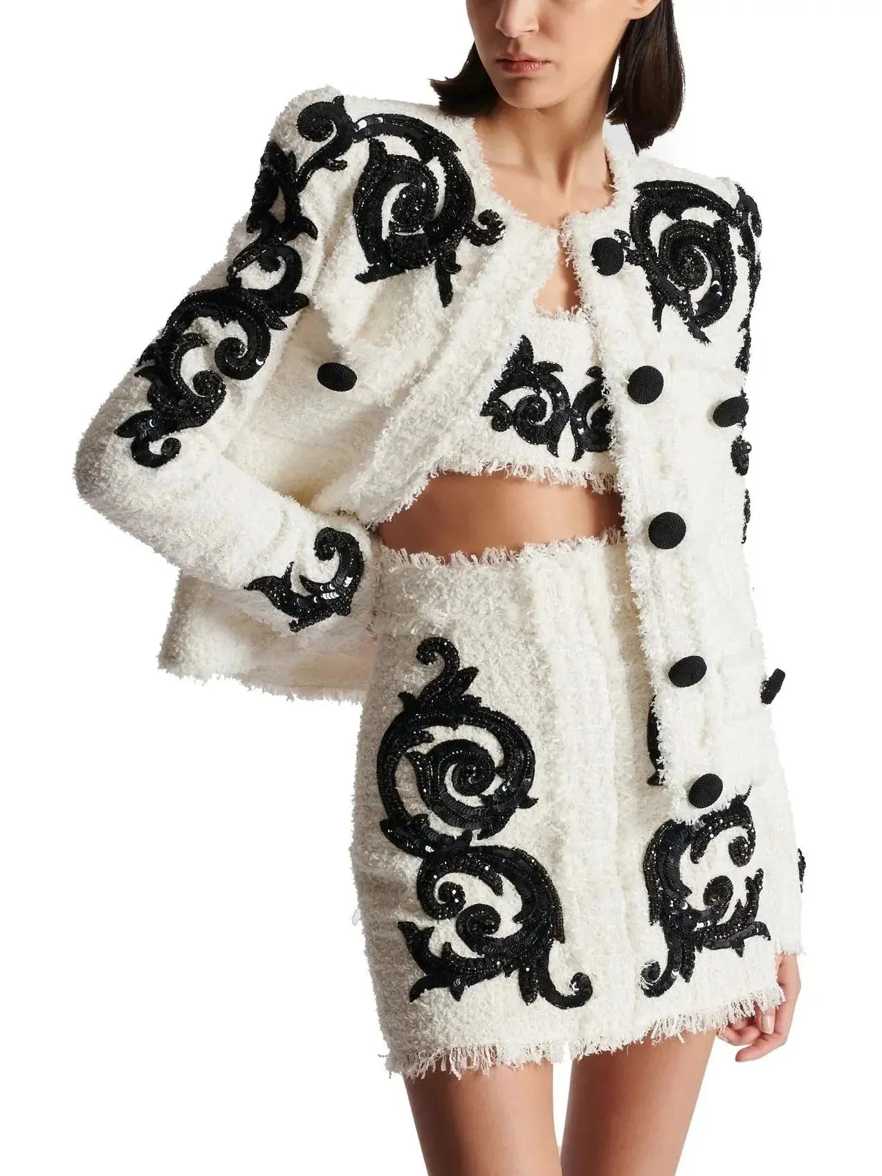 Black and White Paisley Tweed Jacket with Sequin Embroidery