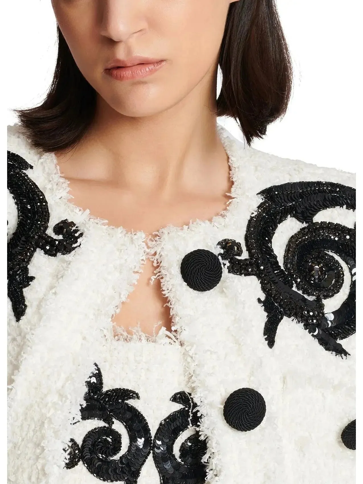 Black and White Paisley Tweed Jacket with Sequin Embroidery