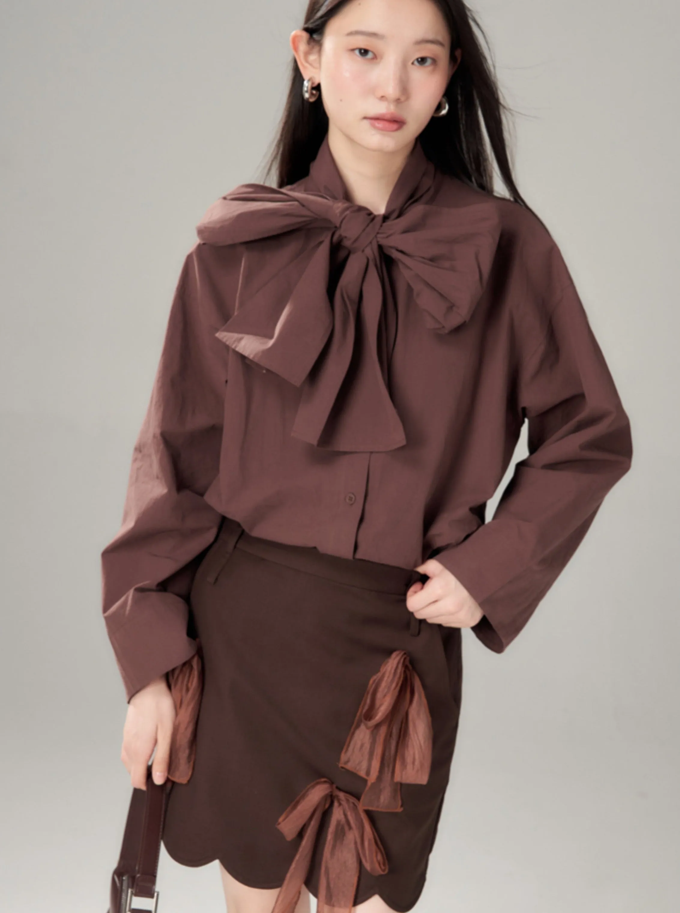 Brown Scalloped Skirt with Sheer Bow Detail