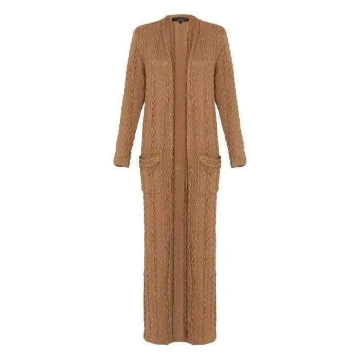 Cable Knit Long Cardigan - Camel