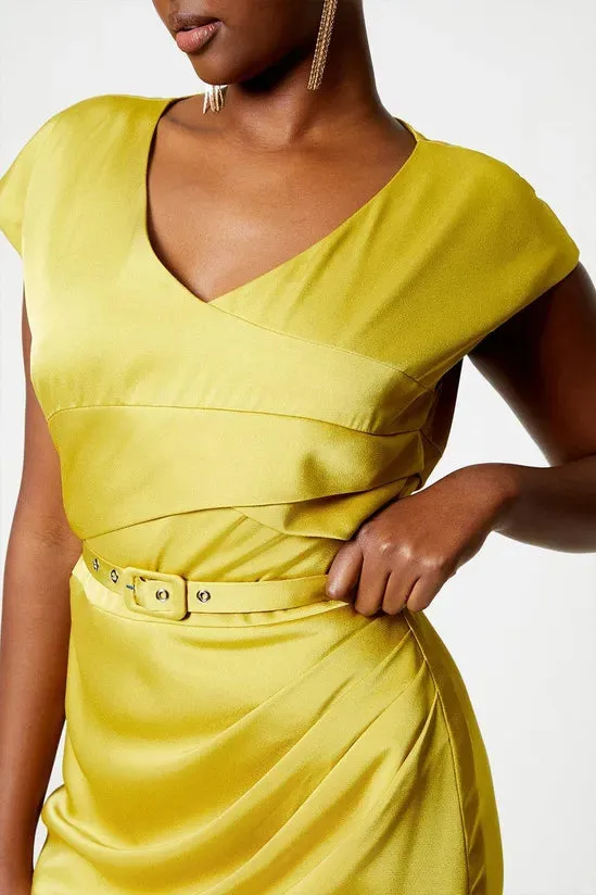 Chartreuse Satin Pencil Dress With Pleat Side Wedding Guest Dresses Cocktail Dresses