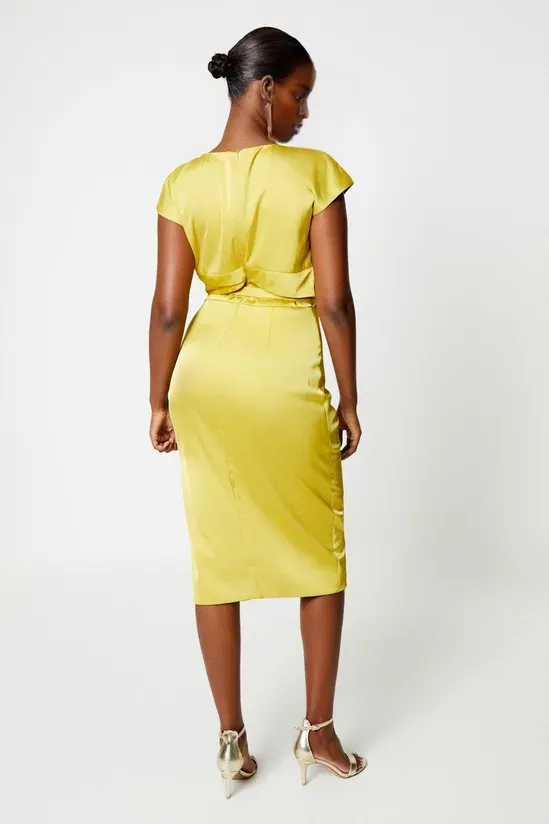 Chartreuse Satin Pencil Dress With Pleat Side Wedding Guest Dresses Cocktail Dresses