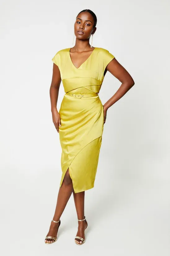 Chartreuse Satin Pencil Dress With Pleat Side Wedding Guest Dresses Cocktail Dresses