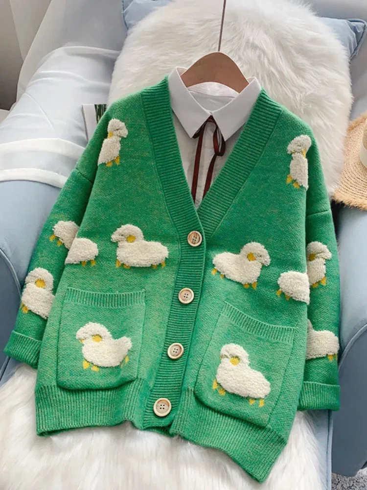 Cozy V-Neck Sheep Print Knit Cardigan from Korea