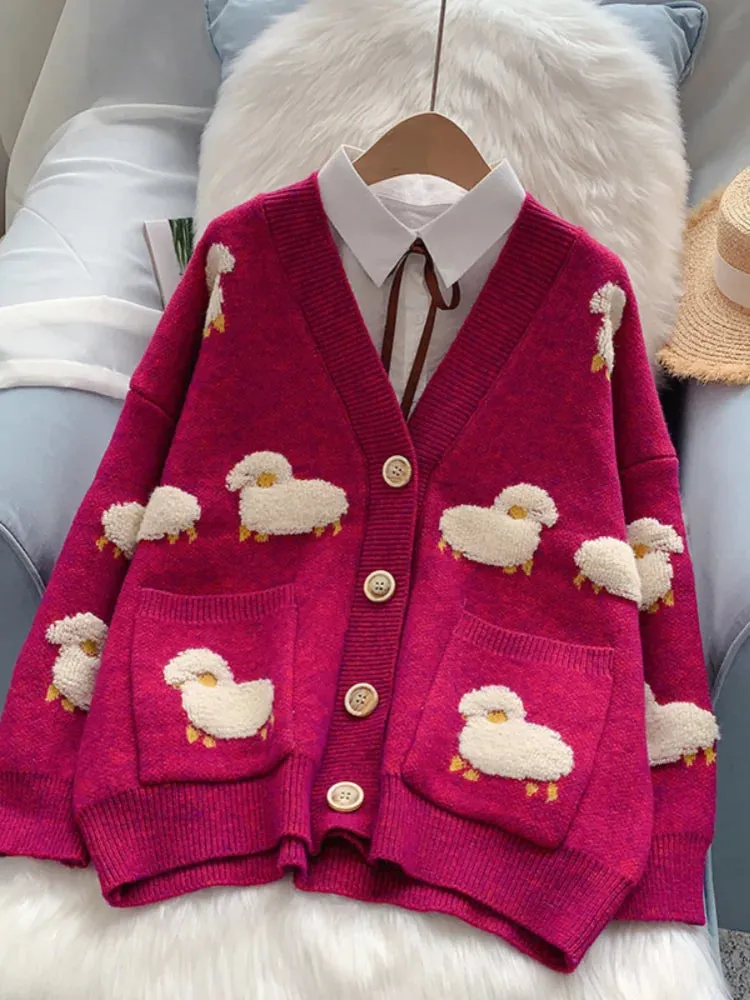 Cozy V-Neck Sheep Print Knit Cardigan from Korea