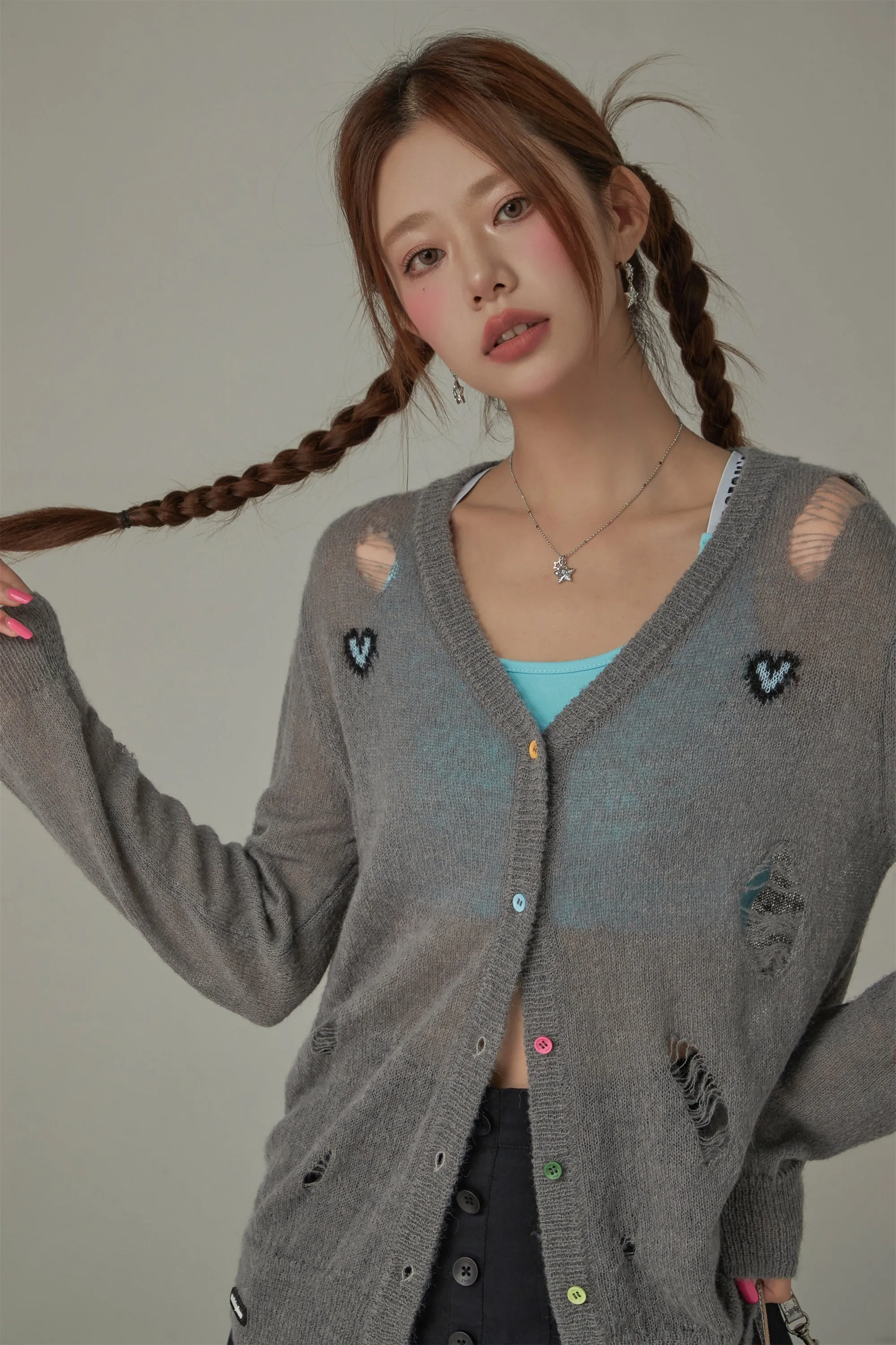 Distressed Heart Icon Rainbow Buttons Cardigan