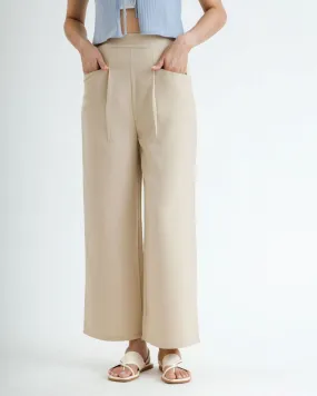 Elastic Waist Pleated Straight Cut Trousers (Khaki)