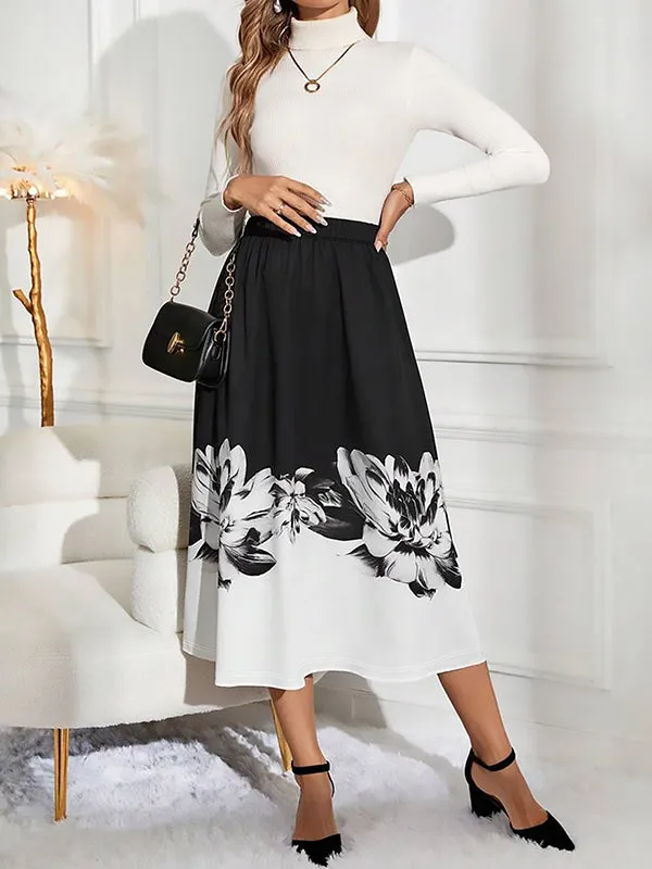 Elasticity Flower Print A-Line Loose Skirts Bottoms