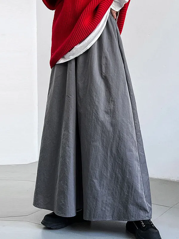 Elasticity Pleated Pockets Solid Color A-Line Loose Skirts Bottoms