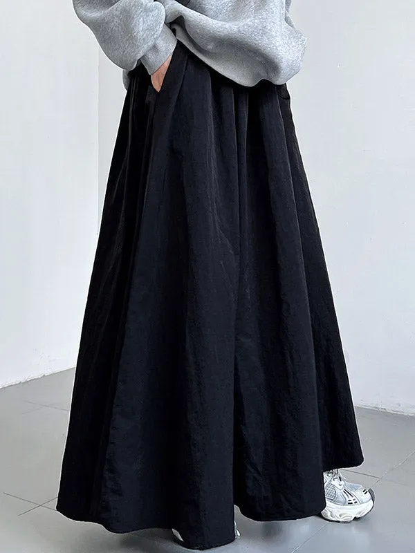 Elasticity Pleated Pockets Solid Color A-Line Loose Skirts Bottoms