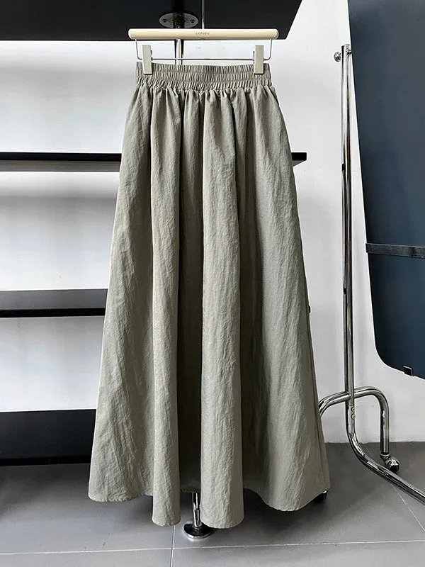 Elasticity Pleated Pockets Solid Color A-Line Loose Skirts Bottoms