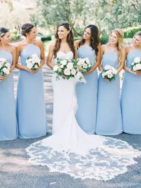 Elegant Sheath Halter Light Blue Satin Long Bridesmaid Dresses