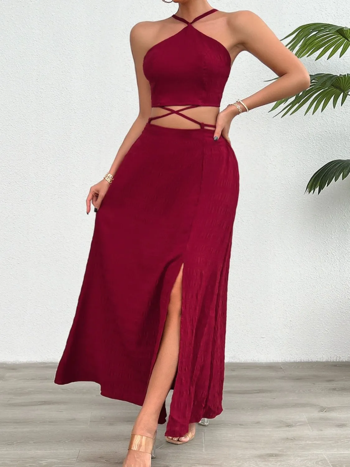 Grecian Neck Top and Slit Skirt Set