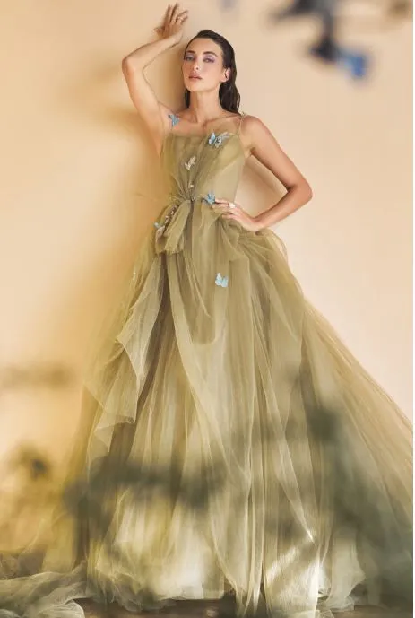 Greenery Dancing Butterflies Plisse Ball Gown