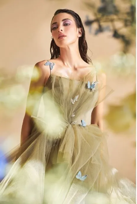 Greenery Dancing Butterflies Plisse Ball Gown