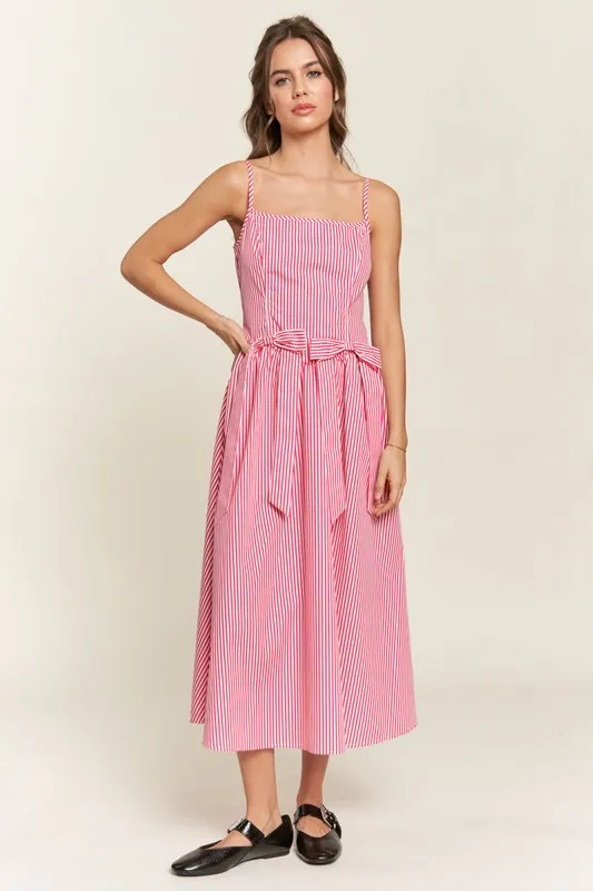 Hot Pink Striped Bow Midi Dress