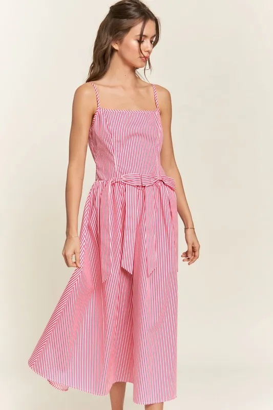 Hot Pink Striped Bow Midi Dress