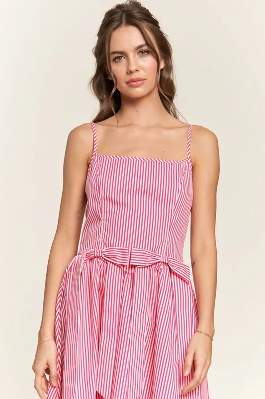 Hot Pink Striped Bow Midi Dress