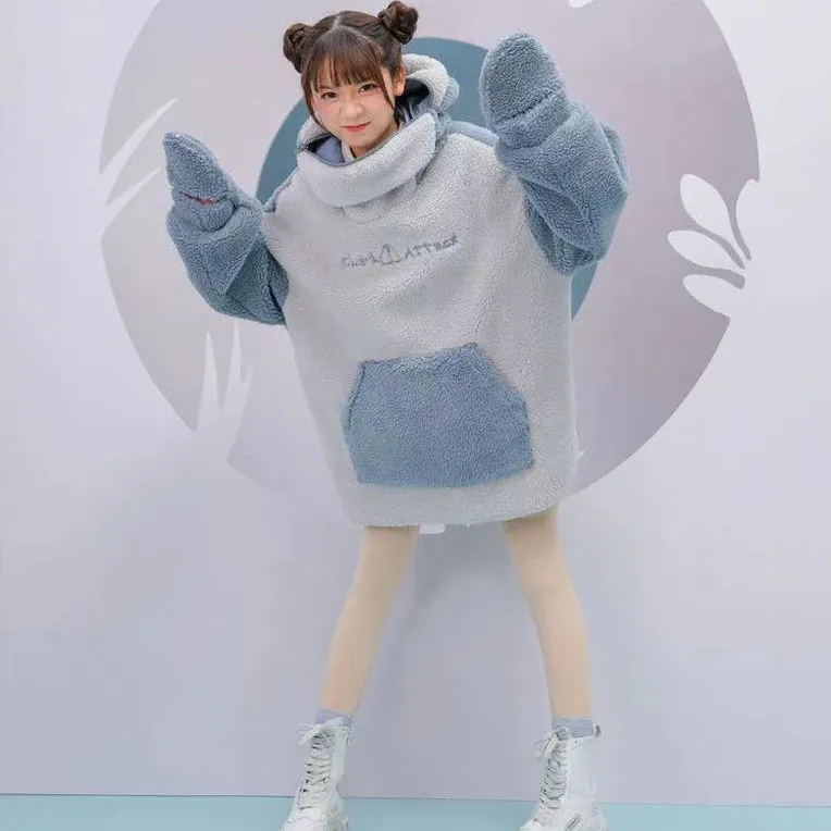 Kawaii Fluffy Shark Hoodie - Dive into Cozy Cute