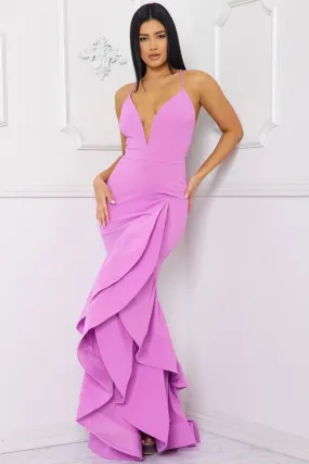 Lavender Layer Ruffle Train Detailed Maxi Dress