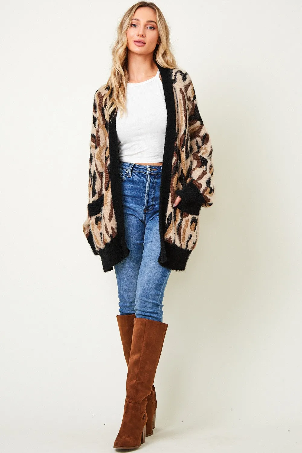 Leopard Pattern Button Down Long Sleeve Soft Loose Knit Sweater Cardigan