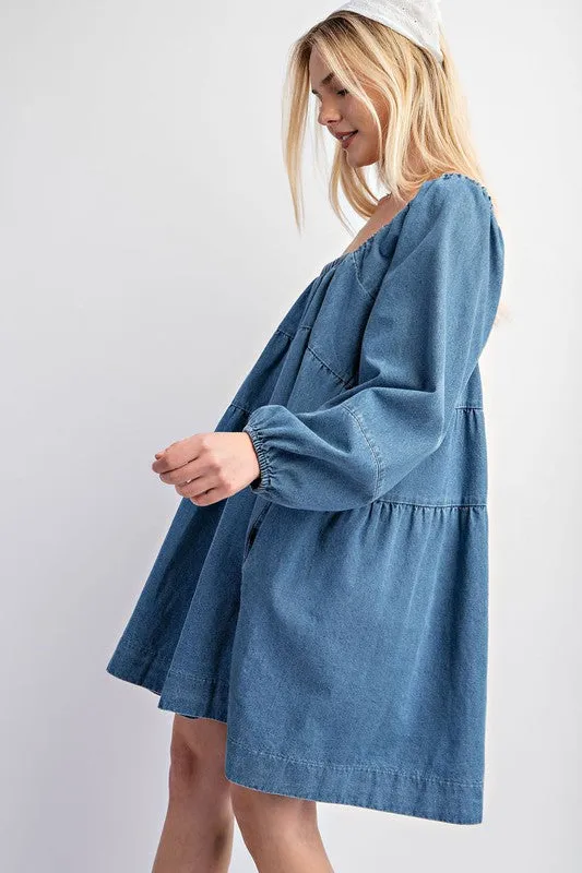 Light Denim Tiered Denim Long Sleeve Dress