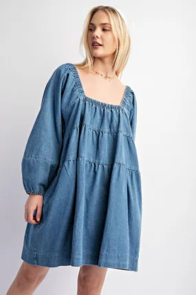 Light Denim Tiered Denim Long Sleeve Dress