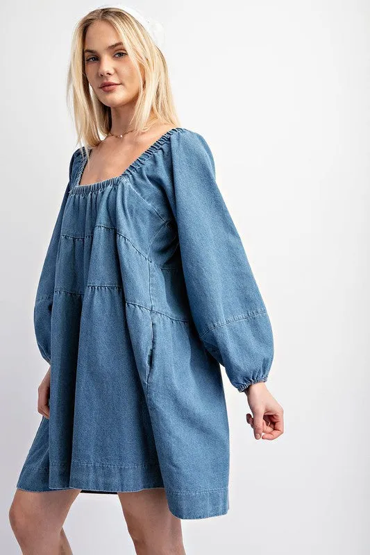 Light Denim Tiered Denim Long Sleeve Dress