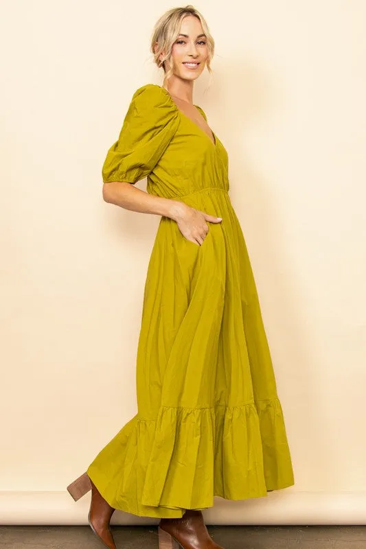 Light Olive Wide Flare Boho Maxi Dress