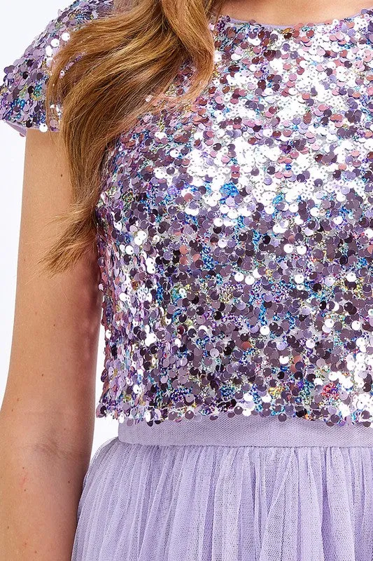 Light Purple Short Sleeve Sequin Top Tulle Dress