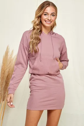 Light Red Bean Solid Hoodie Midi Dress