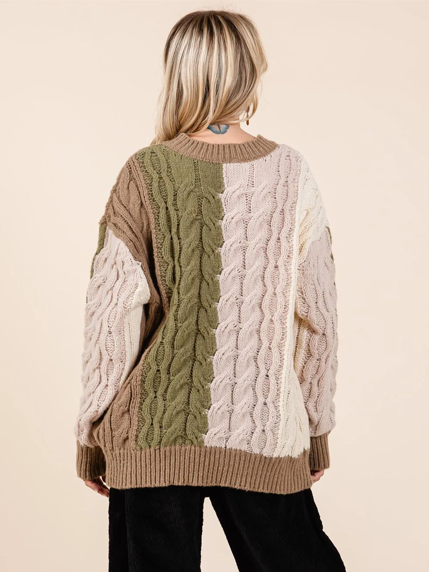 Long Sleeves Cable Knit Colorblock Sweater