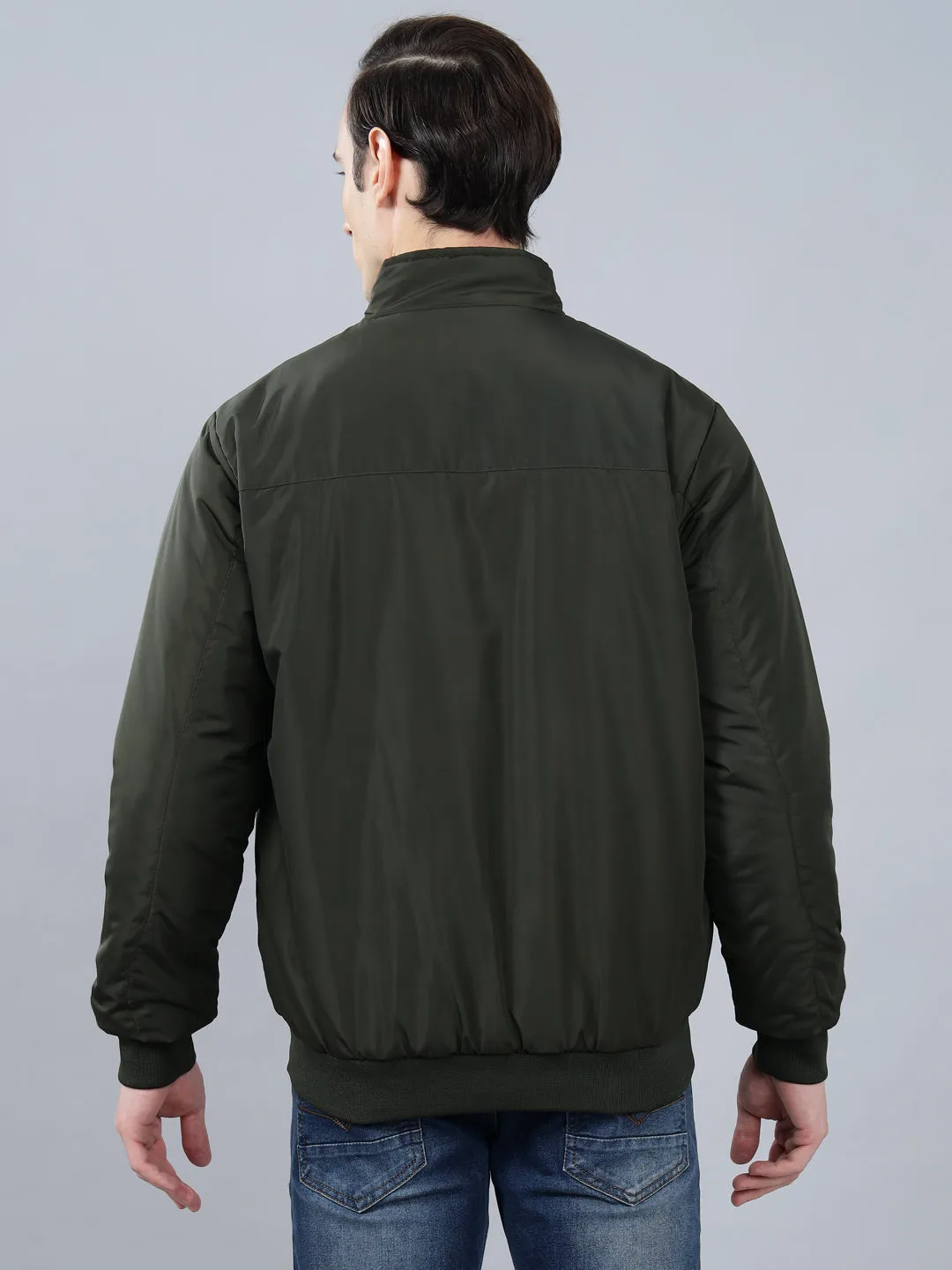 Men's Olive Green Solid Mock Neck Reversible Winter Jacket