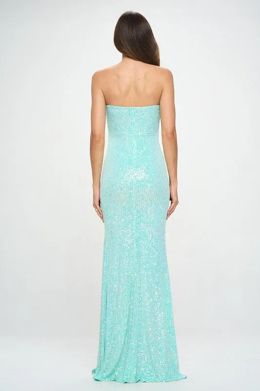 Mint Multi Strapless Multi Sequin Slit Maxi Dress