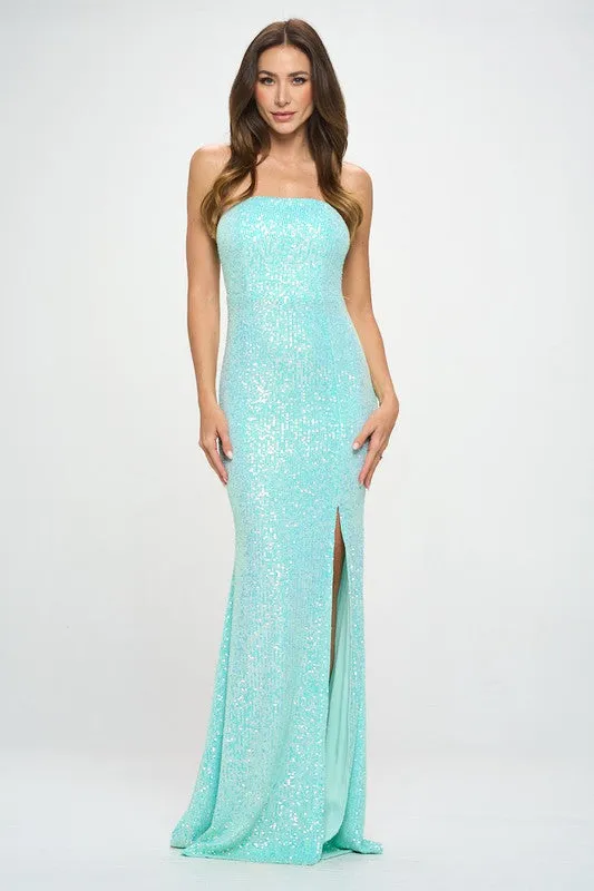 Mint Multi Strapless Multi Sequin Slit Maxi Dress