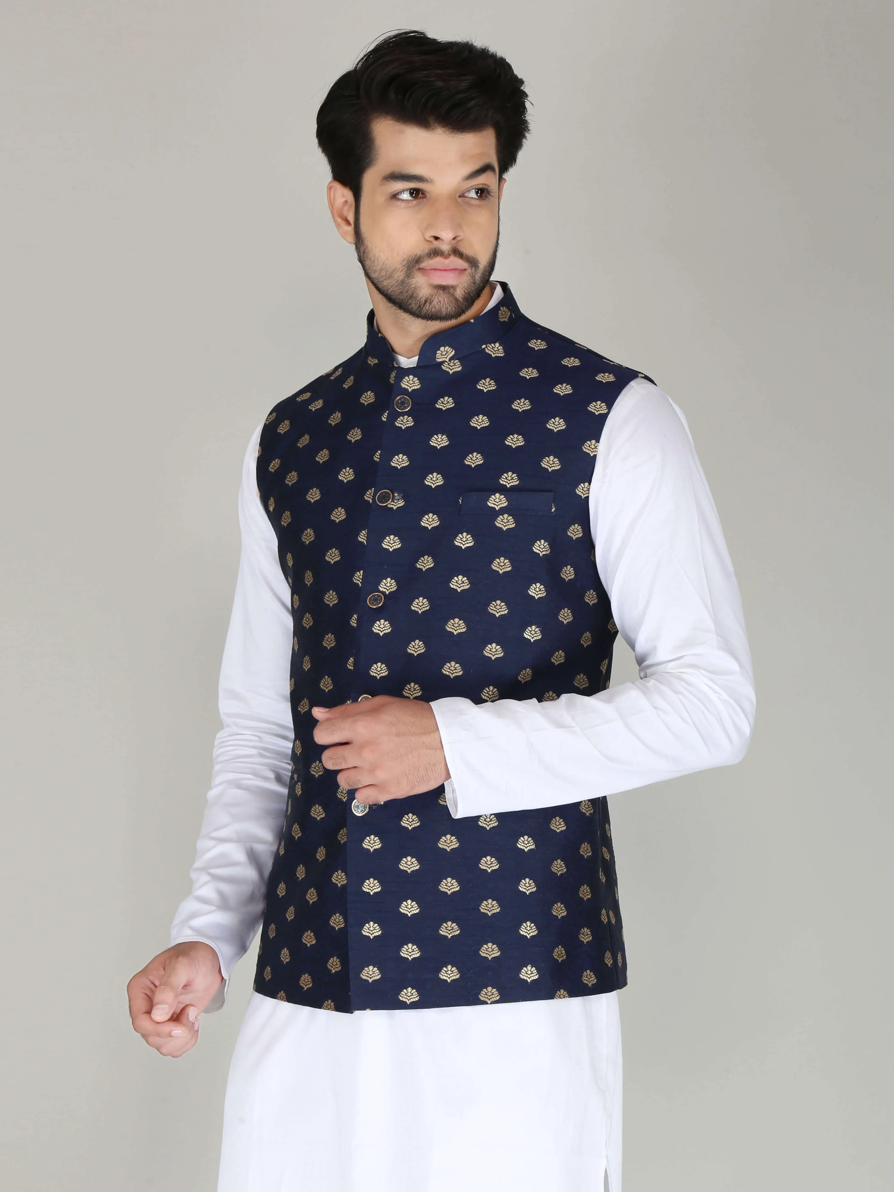 Navy Banarasi Nehru Jackets