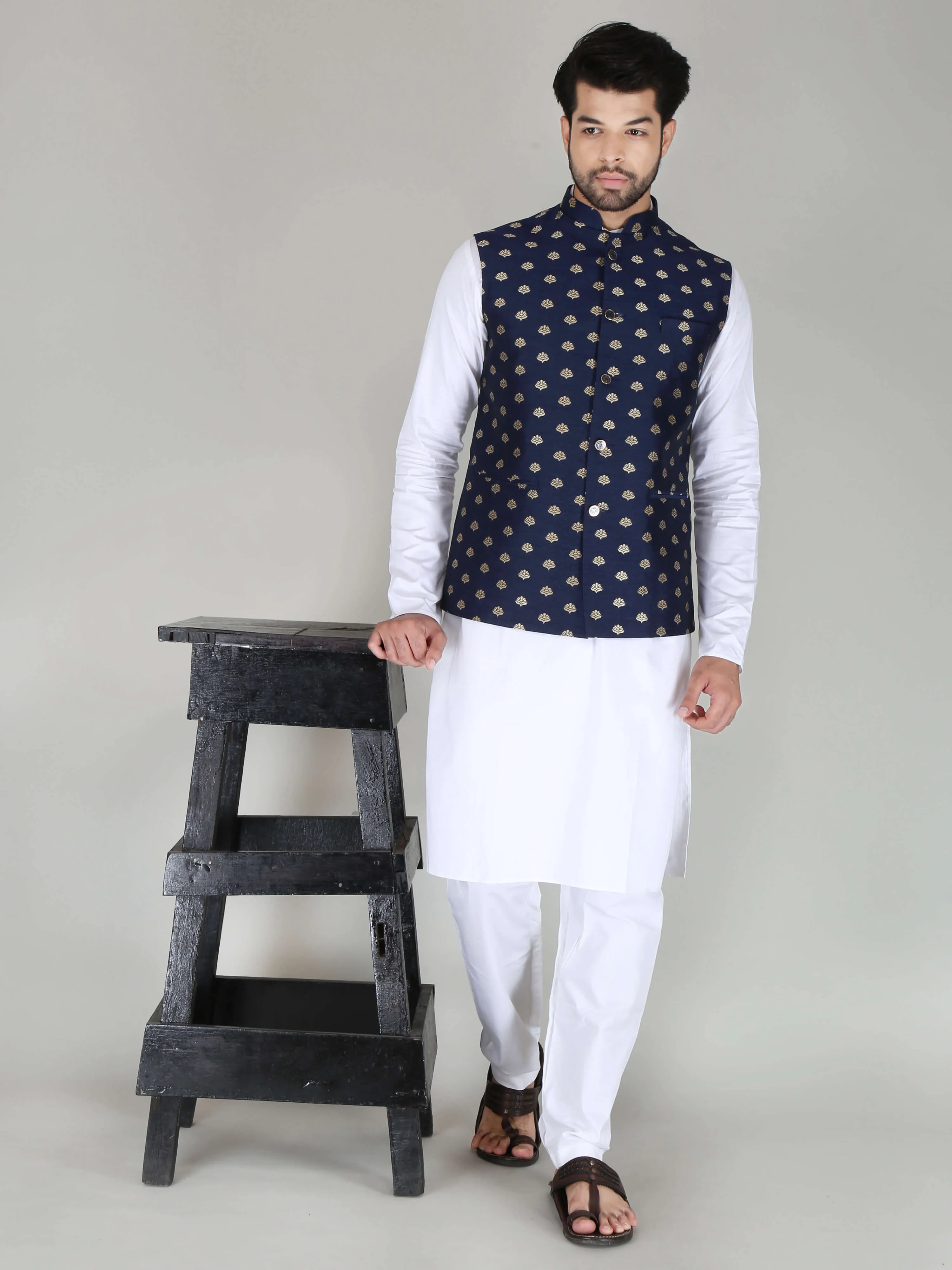 Navy Banarasi Nehru Jackets