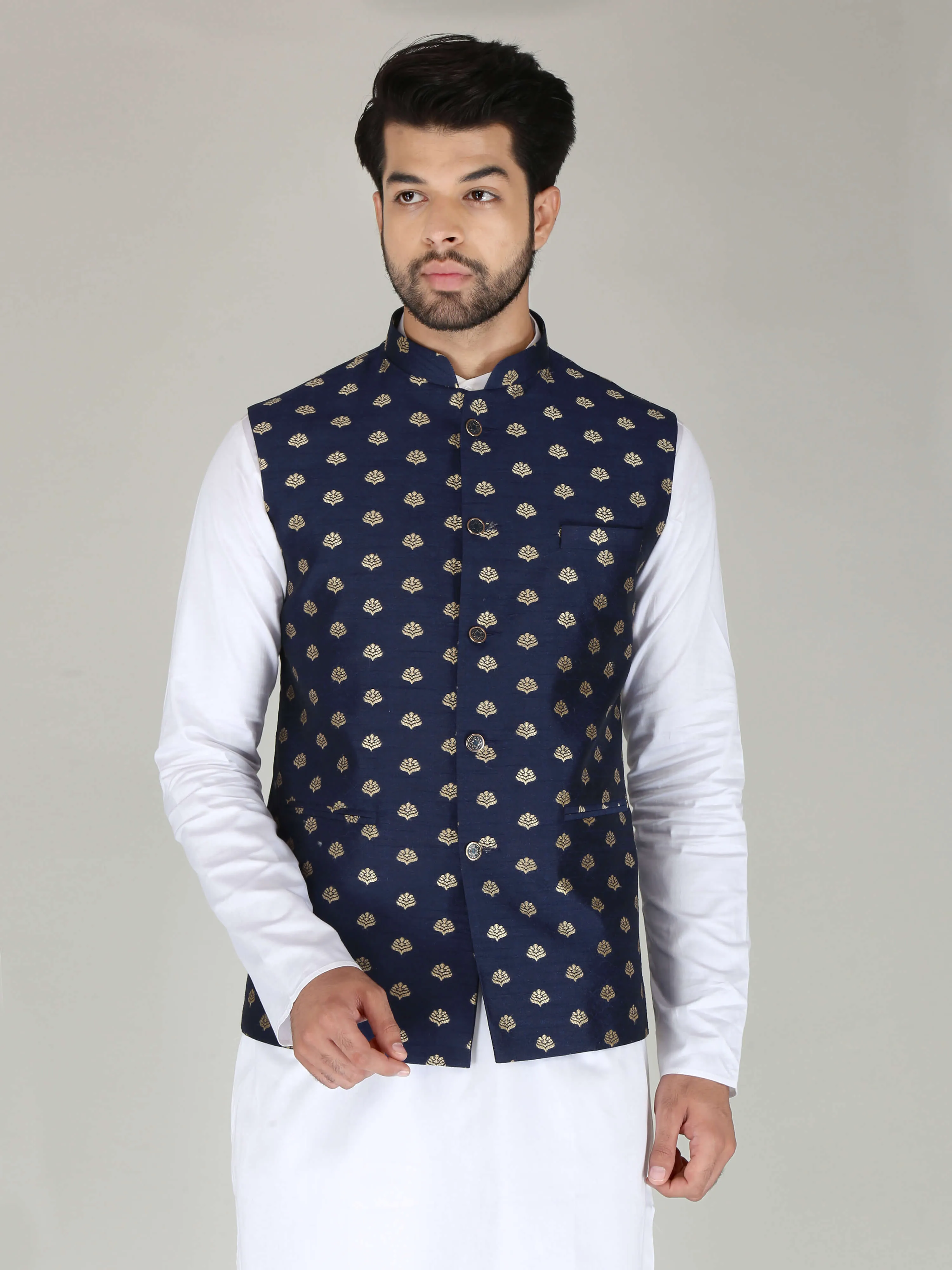 Navy Banarasi Nehru Jackets