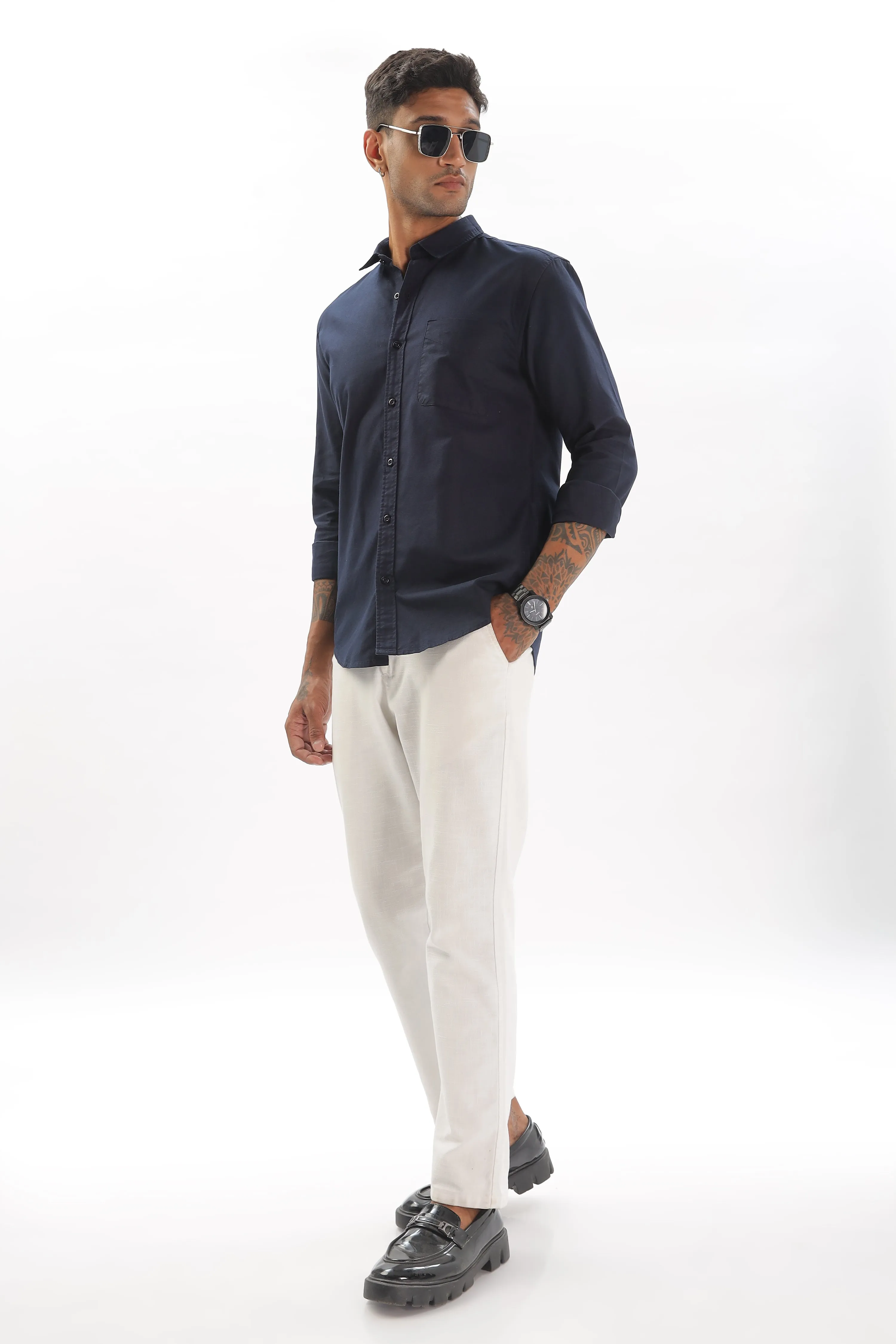 Navy Blue Regular Fit Plain Full Sleeve Shirt