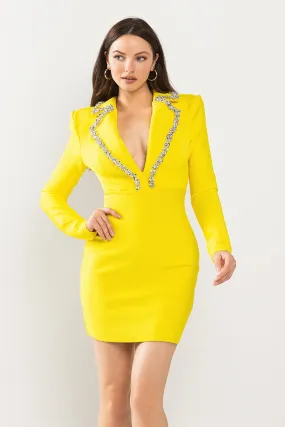 Neon Yellow Jewel Stoned Collar Detail Back Open Dress