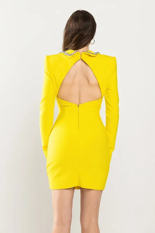 Neon Yellow Jewel Stoned Collar Detail Back Open Dress